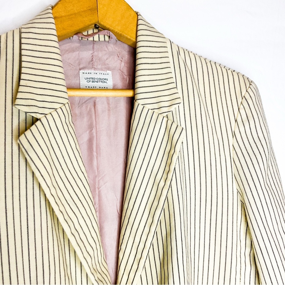 United Colors of Benetton Wool Blazer 42 Cream Stripe 90s - Picture 8 of 12